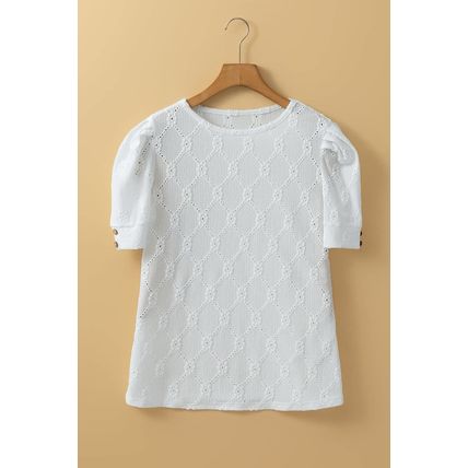 White Flower Geometric Textured Button Short Sleeve Top