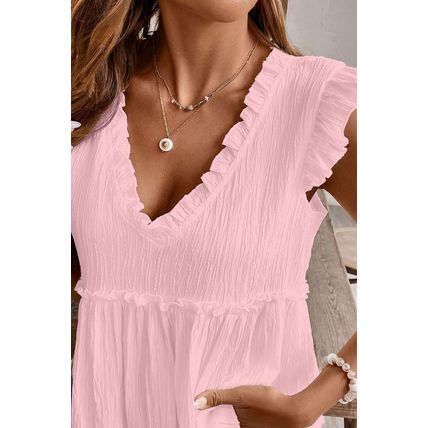 Light Pink Textured Ruffled Trim V Neck Flutter Flowy Top