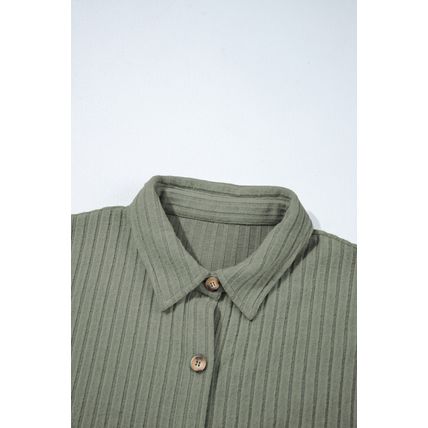 Mist Green Thermal Ribbed Texture Drop Shoulder Button Up Shacket
