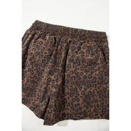 Brown Leopard Print Elastic Waist Drawstring Denim Skort