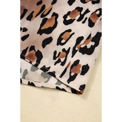 Khaki Leopard Print Colorblock Striped Edge Shirt and Pants Pajama Set