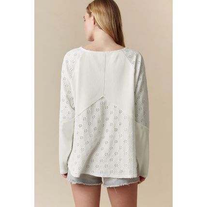 White Twisted Rib Patchwork Embroidered Loose V Neck Long Sleeve Top