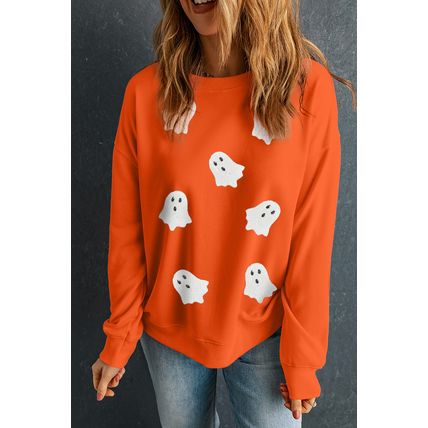 Orange Sequin Halloween Ghost Patched Drop Shoulder Sweatshirt