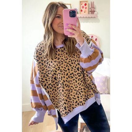 Purple Stripe Color Block Patchwork Leopard Casual Sweatshirt with Slits