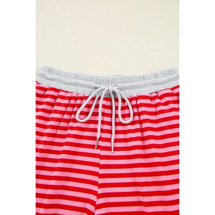 Red Stripe Drop Shoulder Baggy Pullover and Shorts Casual Set
