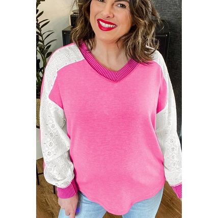 Bonbon Lace Striped Patchwork Long Sleeve Corded V Neck Plus Size Top