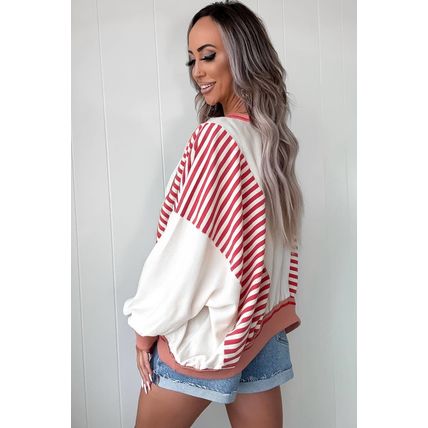 Red Stripe Colorblock Patchwork Contrast Stitching Oversize Sweatshirt