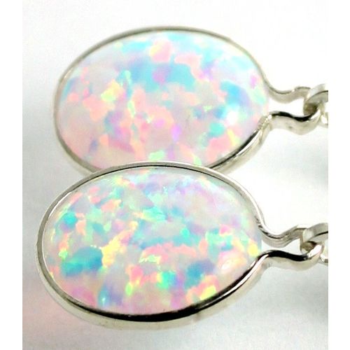 Created White Opal, 925 Sterling Silver Leverback Earrings, SE101