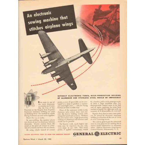 GENERAL ELECTRIC 1943 electronic sewing machine airplane vintage ad