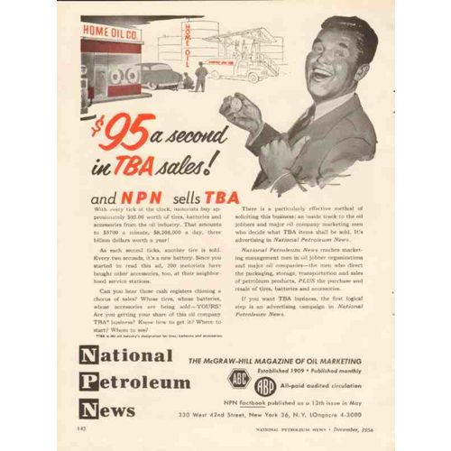 NATIONAL PETROLEUM NEWS 1956 TBA tires oil products media vintage ad