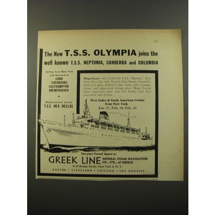 1954 Greek Line Cruise Ad - The new T.S.S. Olympia