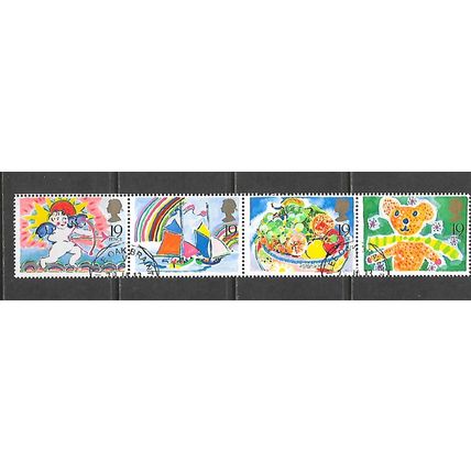 GB 1989 SG 1427 FIRST GREETINGS STRIP TEDDY BEAR CUPID YACHT FRUIT 1424 1425