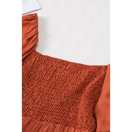 Brown Boho Solid Shirred Ruffle Mini Dress