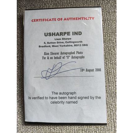 Signed/Autographed, 3.5"x6", Photo by Alan Shearer CBE (Footballer) + COA