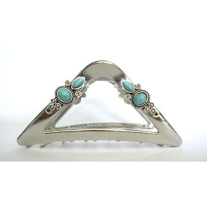 Large shiny triangle silver turquoise blue design metal native tribal hair claw