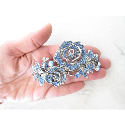 Large silver leaves rose flower blue crystal hair barrette bridal clip
