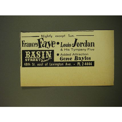 1961 Basin Street East Advertisement - Frances Faye Louis Jordan