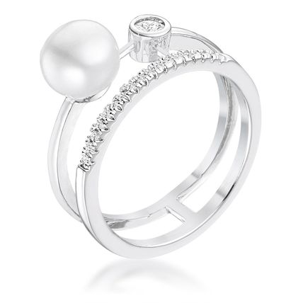 15Ct Rhodium Plated CZ and Freshwater Pearl Contemporary Double Band Ring