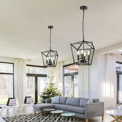Unicozin Black Lantern Pendant Light, 4 Lights Farmhouse Chandelier Fixture with