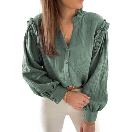 Green Frilled Split Neck Crinkled Shirt