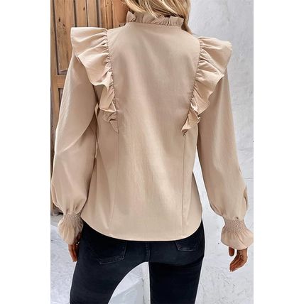 Khaki Ruffled Lace up Bubble Sleeve Blouse