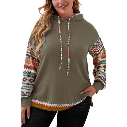 Jungle Green Aztec Patchwork Sleeve Waffle Drawstring Plus Hoodie