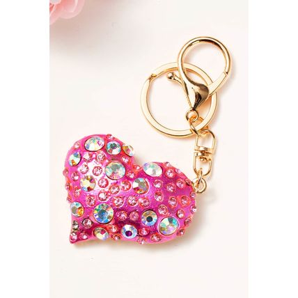 Bright Pink Rhinestone Inlay Heart Shaped Keychain