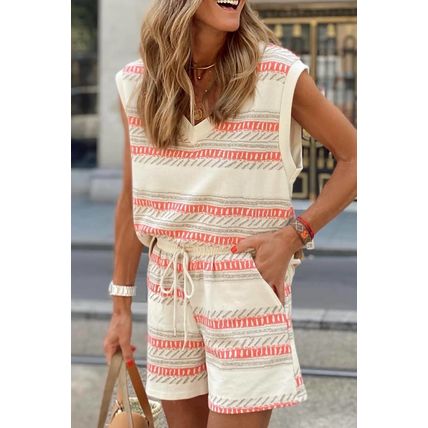 Beige Western Striped Print Casual Tank 2pcs Outfit