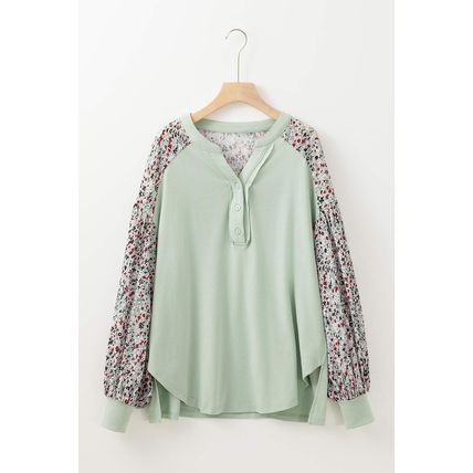 Meadow Mist Green Contrast Printed Bubble Sleeve Henley Loose Top with Slits
