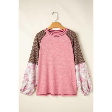 Fushia Mixed Print Patchwork Raglan Ribbed Knit Top