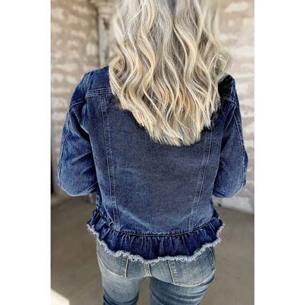 Navy Blue Ruffle Raw Hem Flap Pockets Denim Jacket