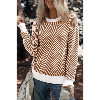 Coffee Contrast Edge Crew Neck Drop Shoulder Sweater