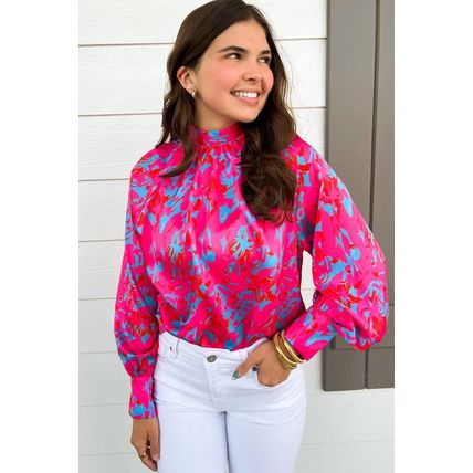 Purple Printed Bubble Sleeve Mock Neck Blouse
