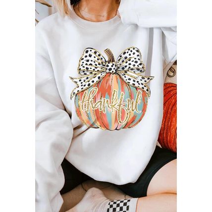 Beige Polka Dot Bow Knot Pumpkin Print Thanksgiving Sweatshirt