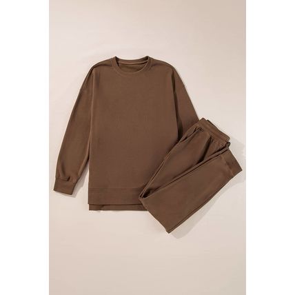 Coffee Solid Color High Low Pullover and Skinny Pants Set