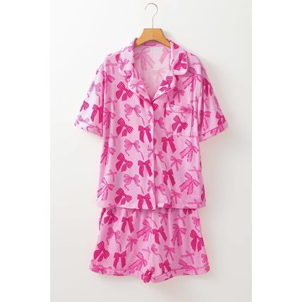 Pink Bow Print Half Sleeve Shirt and Shorts Pajamas Set