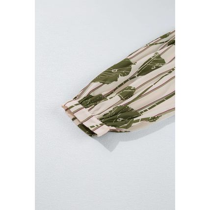 Guacamole Green Floral Striped Print Contrast Piping Puff Sleeve Dress