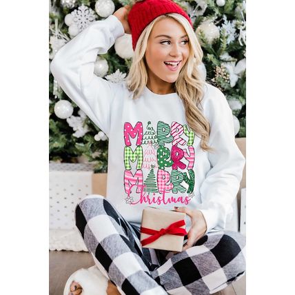Beige MERRY Christmas Printed Drop Shoulder Pullover Sweatshirt
