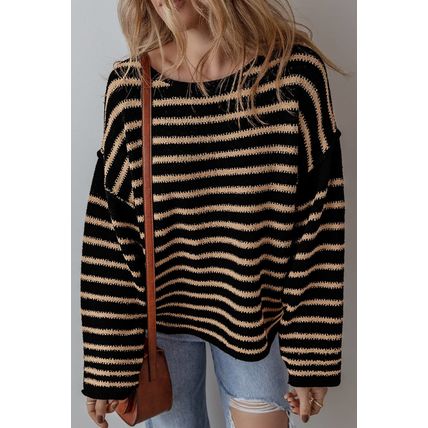 Black Stripe Drop Shoulder Round Neck Loose Sweater