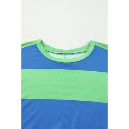 Blue Colorblock Striped Drop Shoulder Loose Top