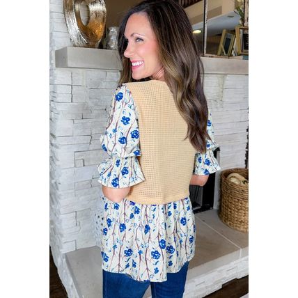 Beige Waffle Floral Patchwork Short Flounce Sleeve Peplum Blouse