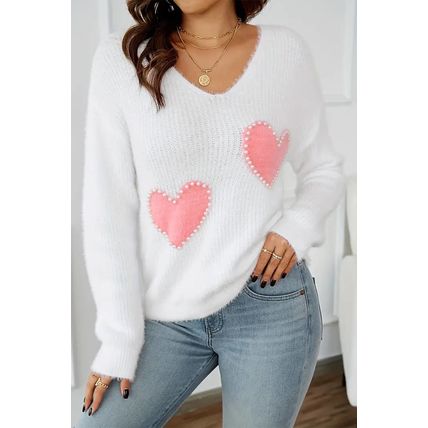 White Pearl Beaded Heart Pattern Fuzzy V Neck Sweater