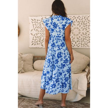 Sky Blue Floral Print Tiered Frilled Trim Flutter Sleeve Maxi Dress