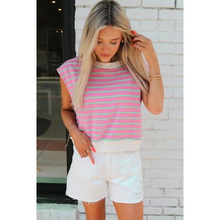 Sachet Pink Striped Crew Neck Cap Sleeve T Shirt