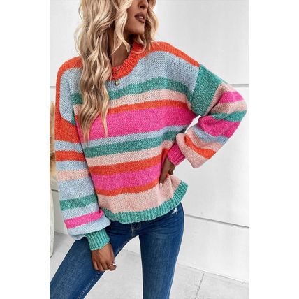 Multicolor Striped Knit Drop Shoulder Puff Sleeve Sweater
