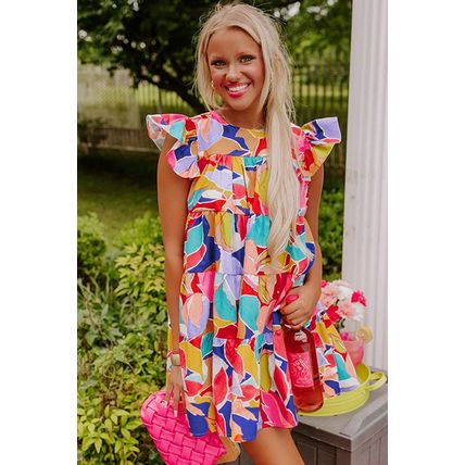 Pink Abstract Printed Ruffled Flutter Sleeve Tiered Mini Dress