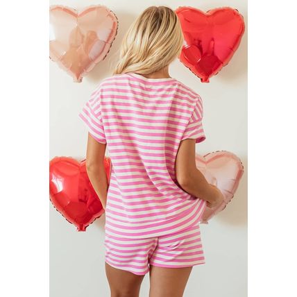 Rose Stripe Crew Neck T Shirt and Drawstring Shorts Set
