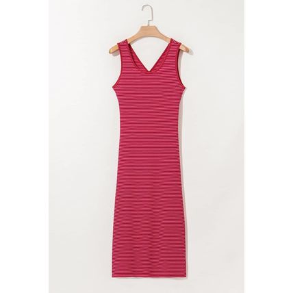 Red Stripe Criss Cross Side Slits Slim Fit Sleeveless Midi Dress
