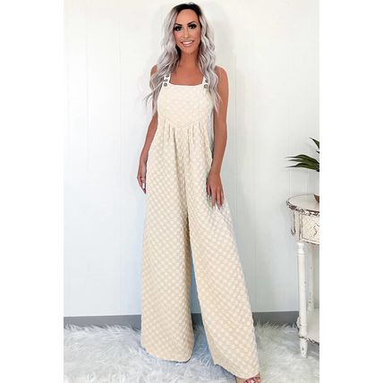 Beige Checkered Pocketed High Waist Wide Leg Overall