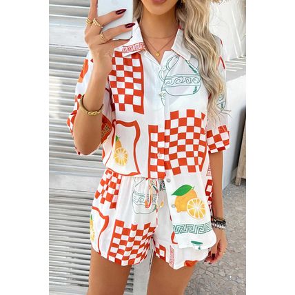 Orange Vacation Printed Loose Shirt and Drawstring Shorts Set
